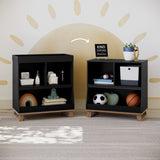two modern convertible black with vintage driftwood changing tables in nursery, left one with topper and right one without topper 