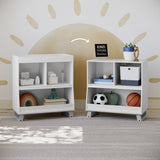 two modern convertible white with pebble gray changing tables in nursery, left one with topper and right one without topper 