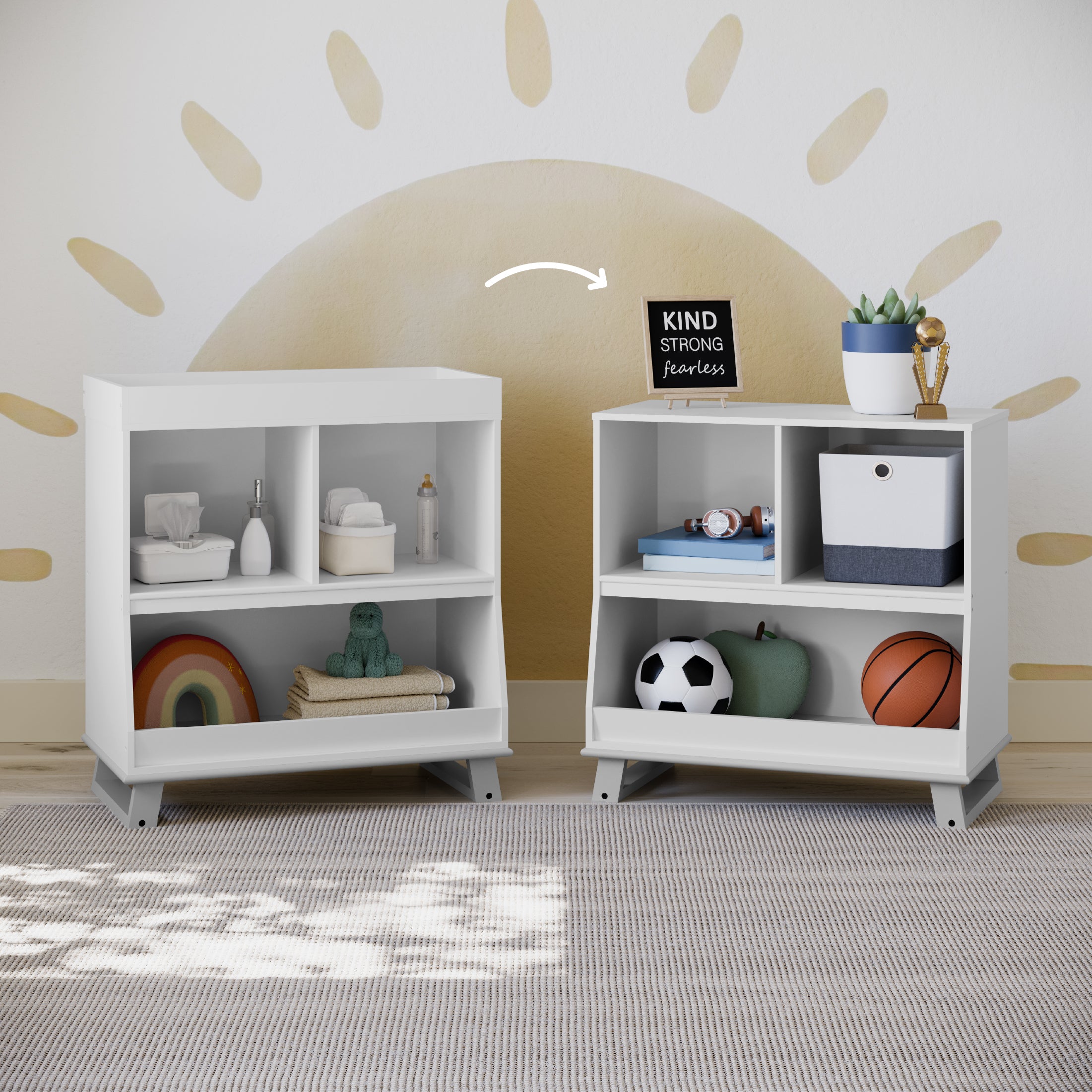 two modern convertible white with pebble gray changing tables in nursery, left one with topper and right one without topper 