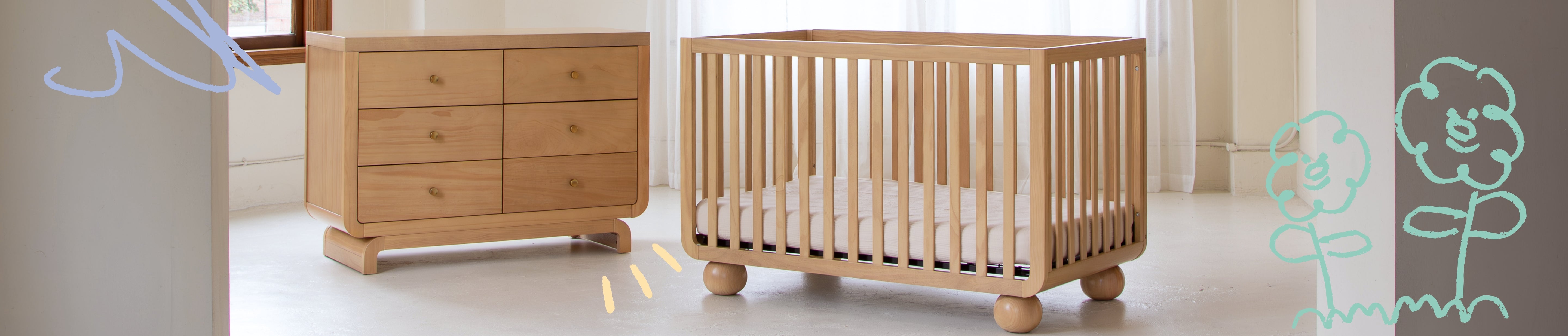 Image of Crib and Dresser in sunlit styled nursery.