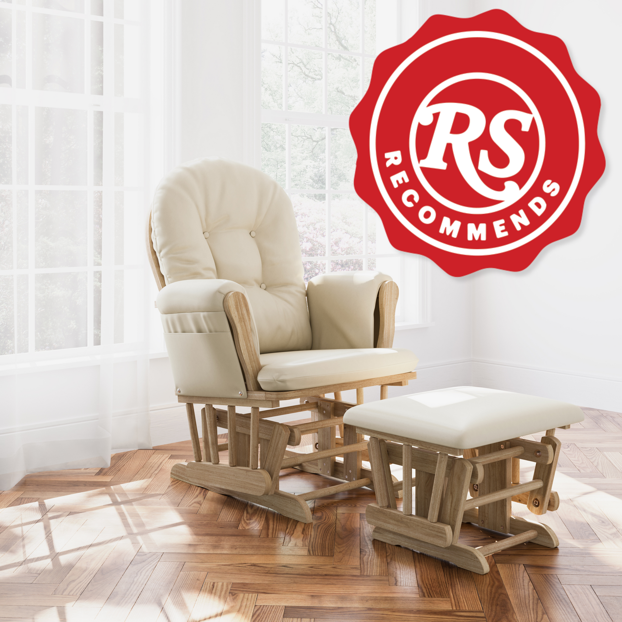 Wood nursery glider and ottoman with beige cushions in a room, with red badge that reads RS RECOMMENDS in white text