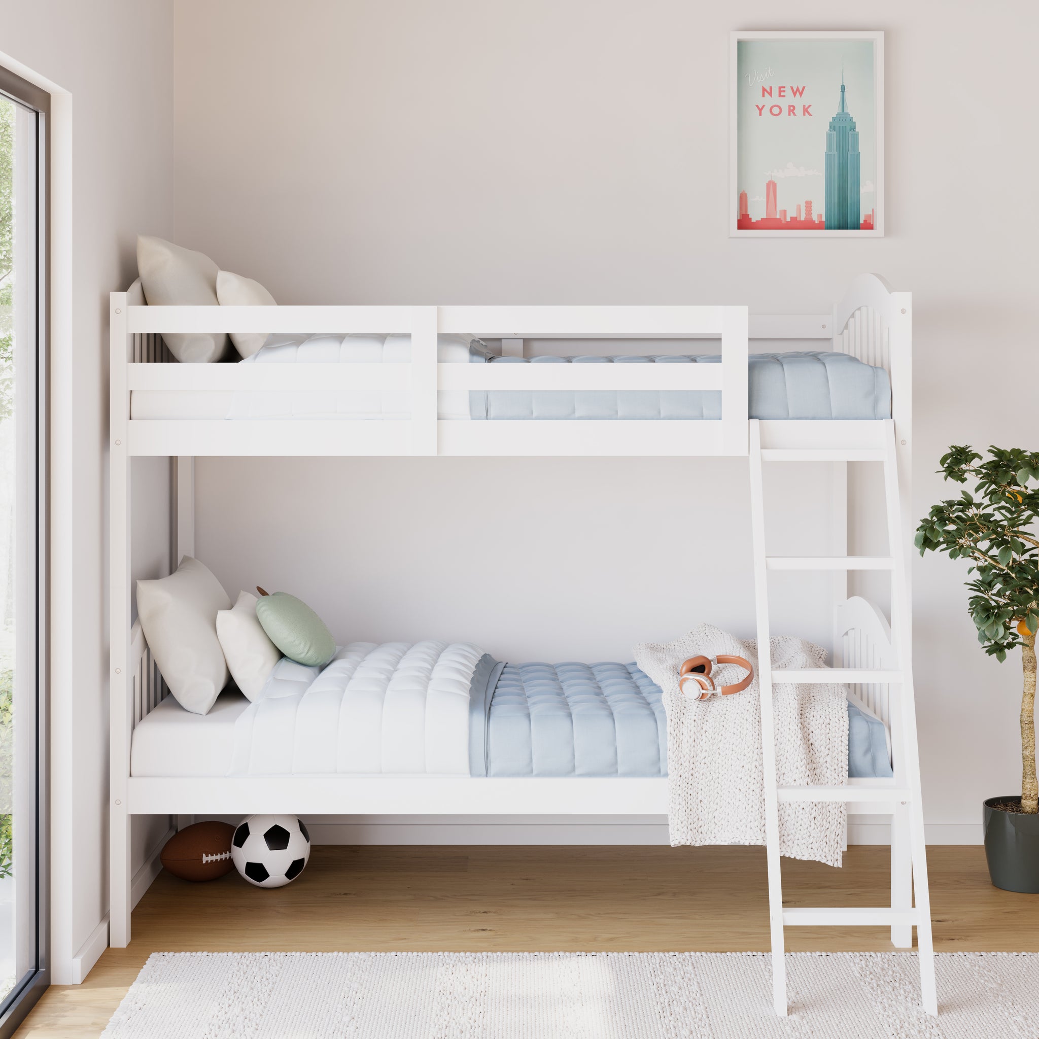 white bunk bed with fixed ladder in nursery 