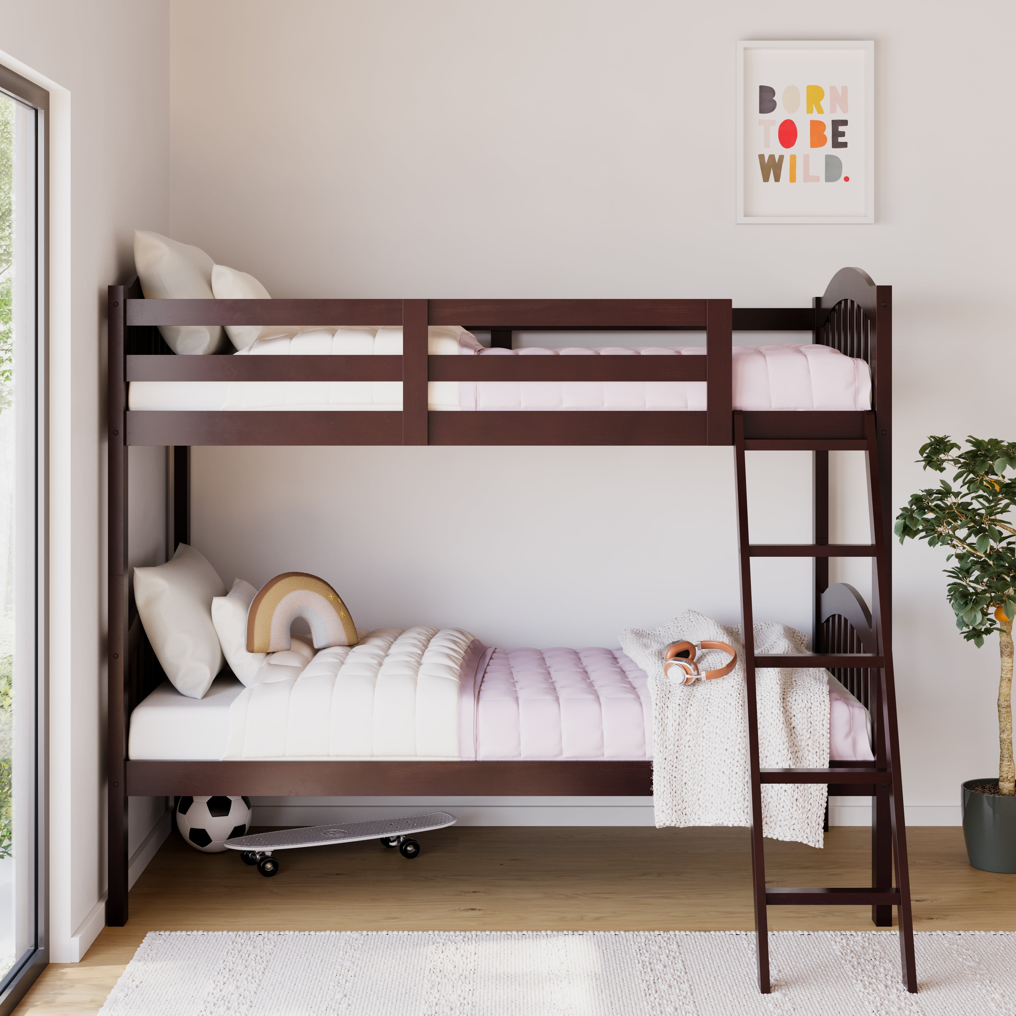 espresso bunk bed with fixed ladder in nursery