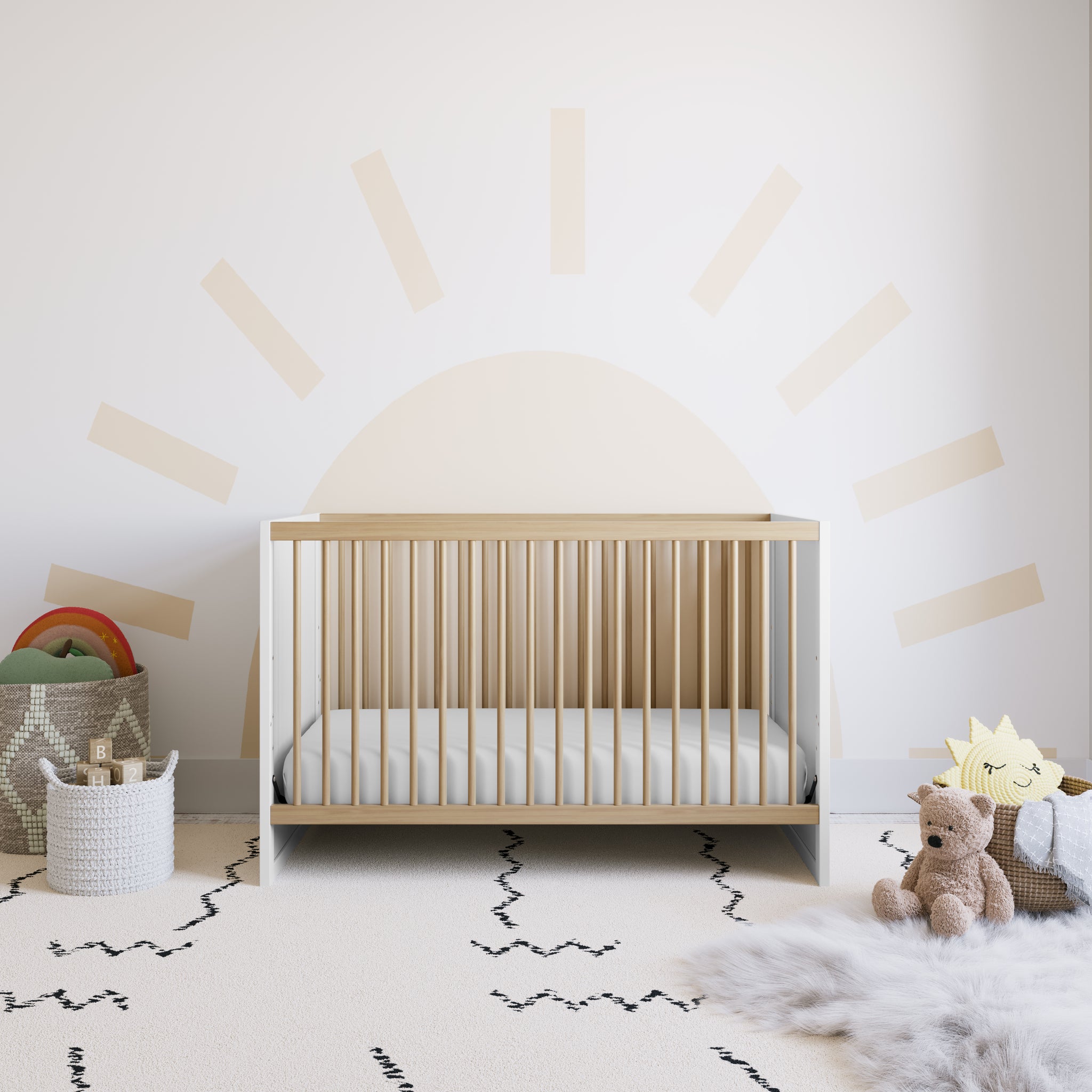 white with driftwood crib in nursery