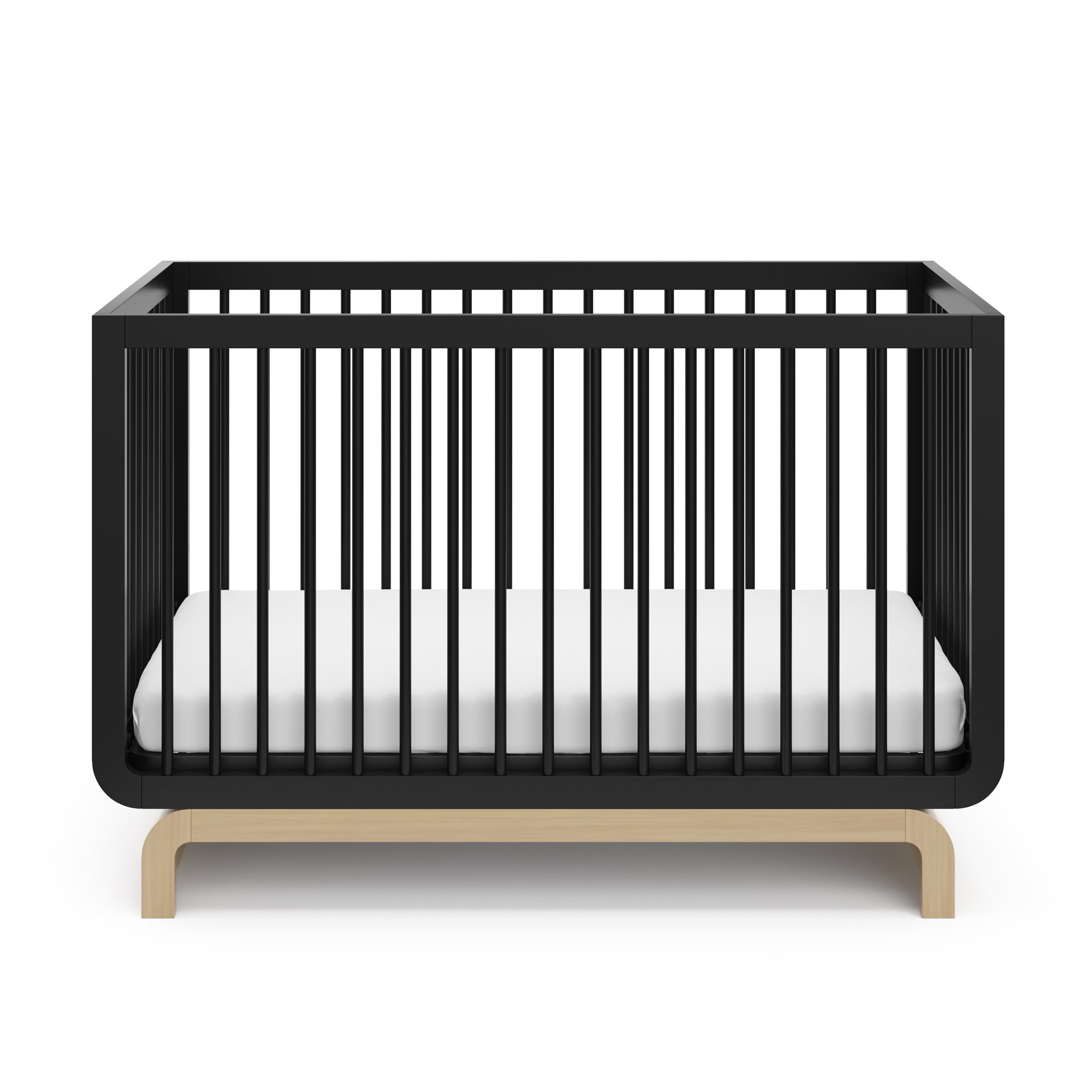 Two-tone black and natural wood baby crib, at a front-facing angle