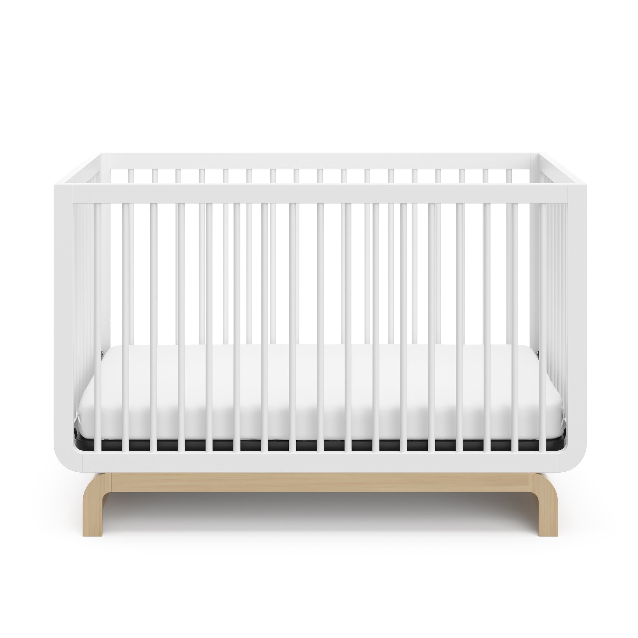 Two-tone white and natural wood baby crib, at a front-facing angle