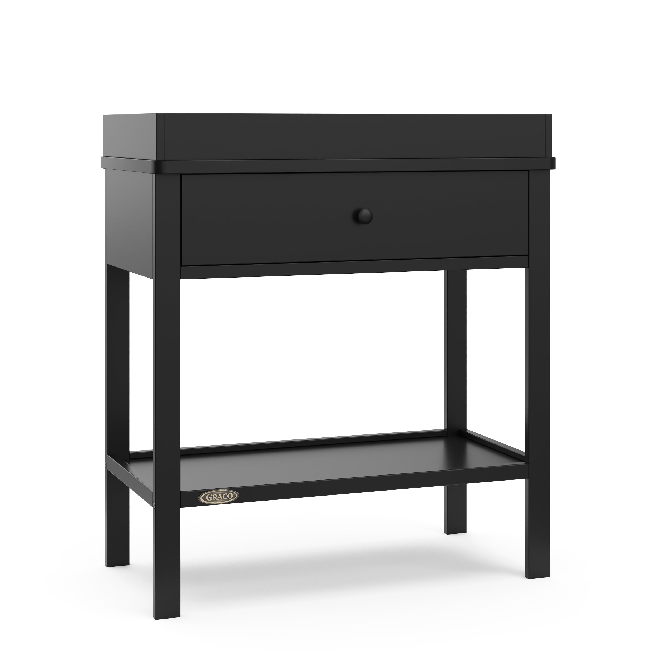 Black Graco storage changing table angle view