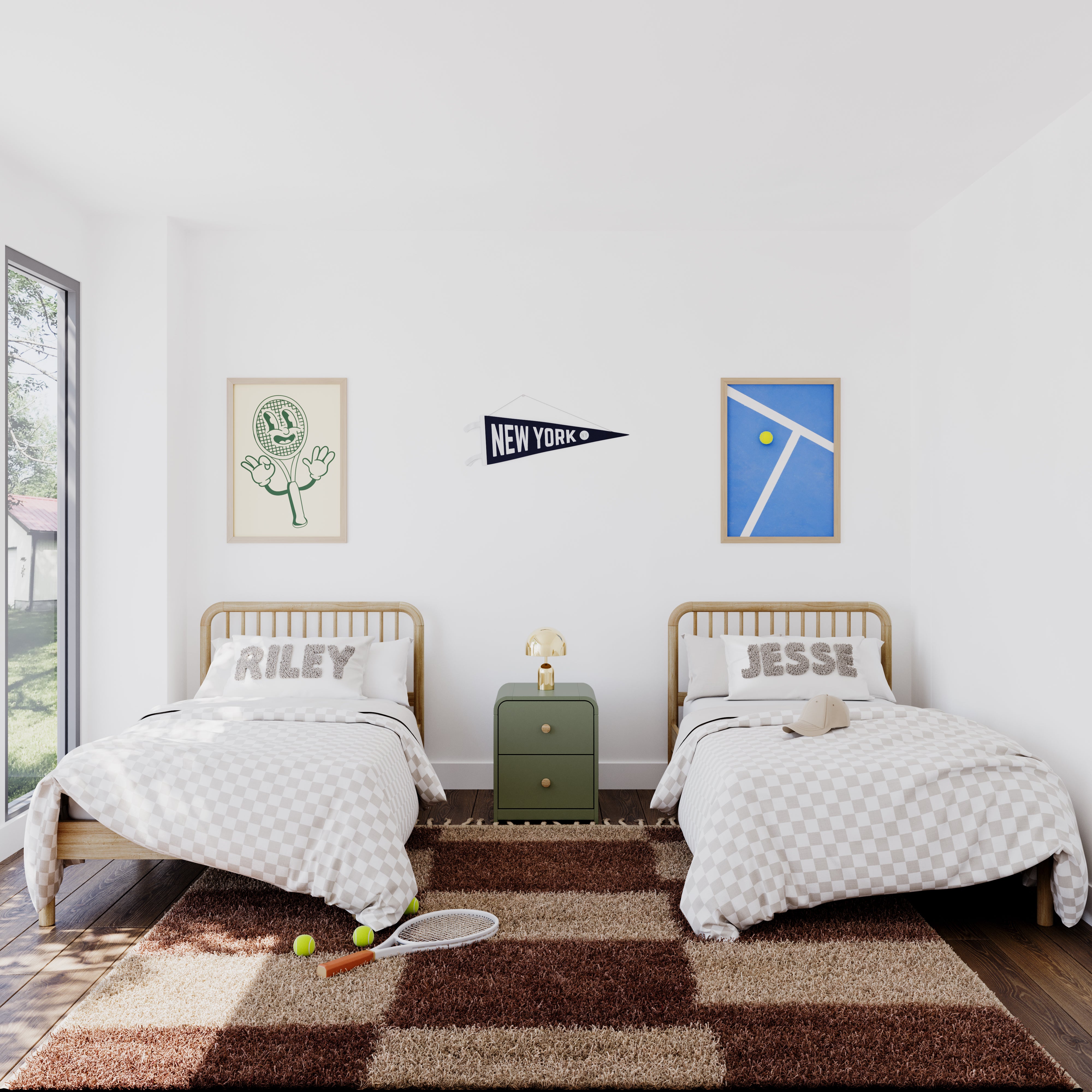 Two twin beds with Santos olive nightstand in middle inside kids room