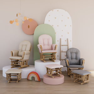 Three natural wood nursery rocking chairs in various colors (beige cushions, pink cushions, light gray cushions) situated in studio setting on platforms of differing heights