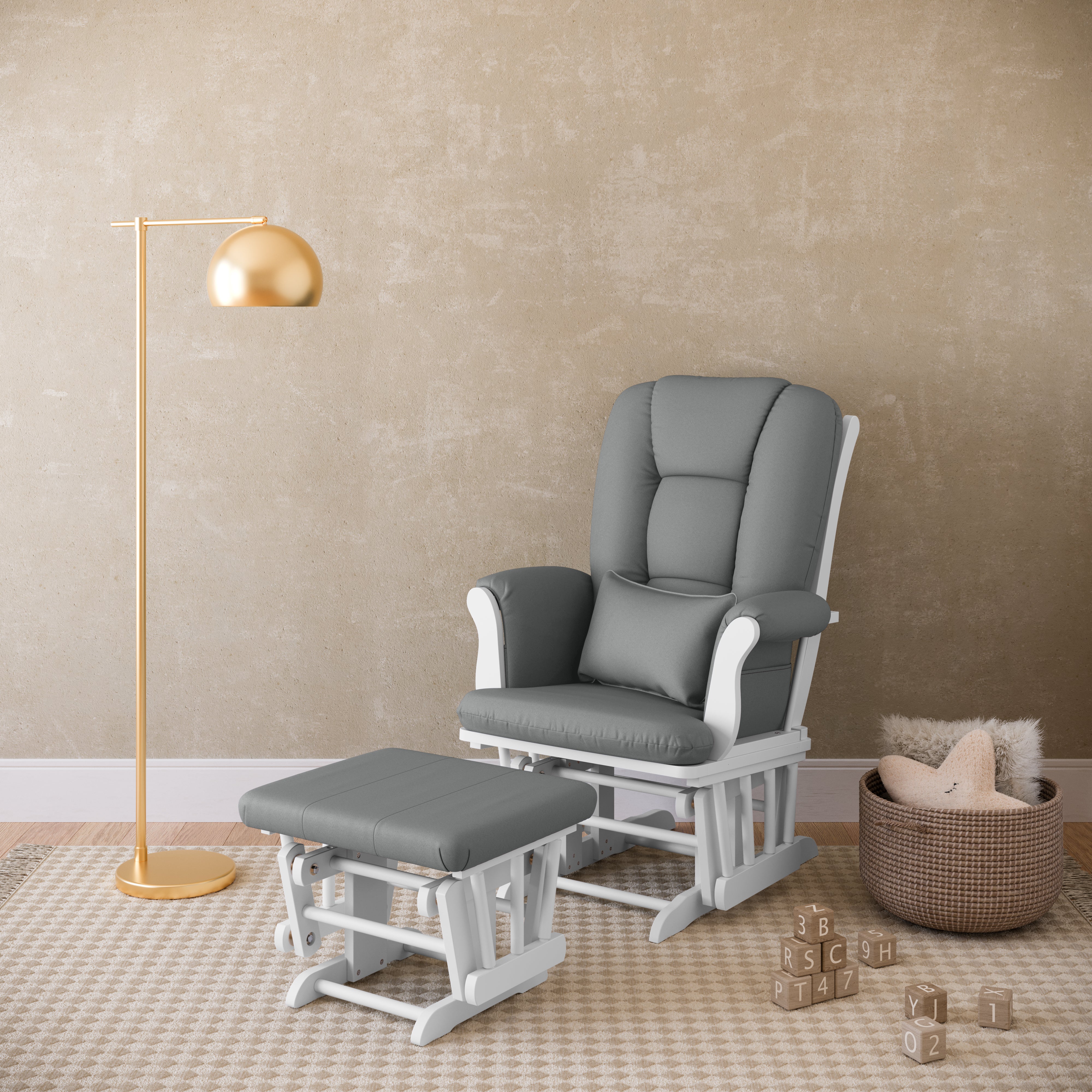 Tuscany white with gray glider and ottoman in a nursery