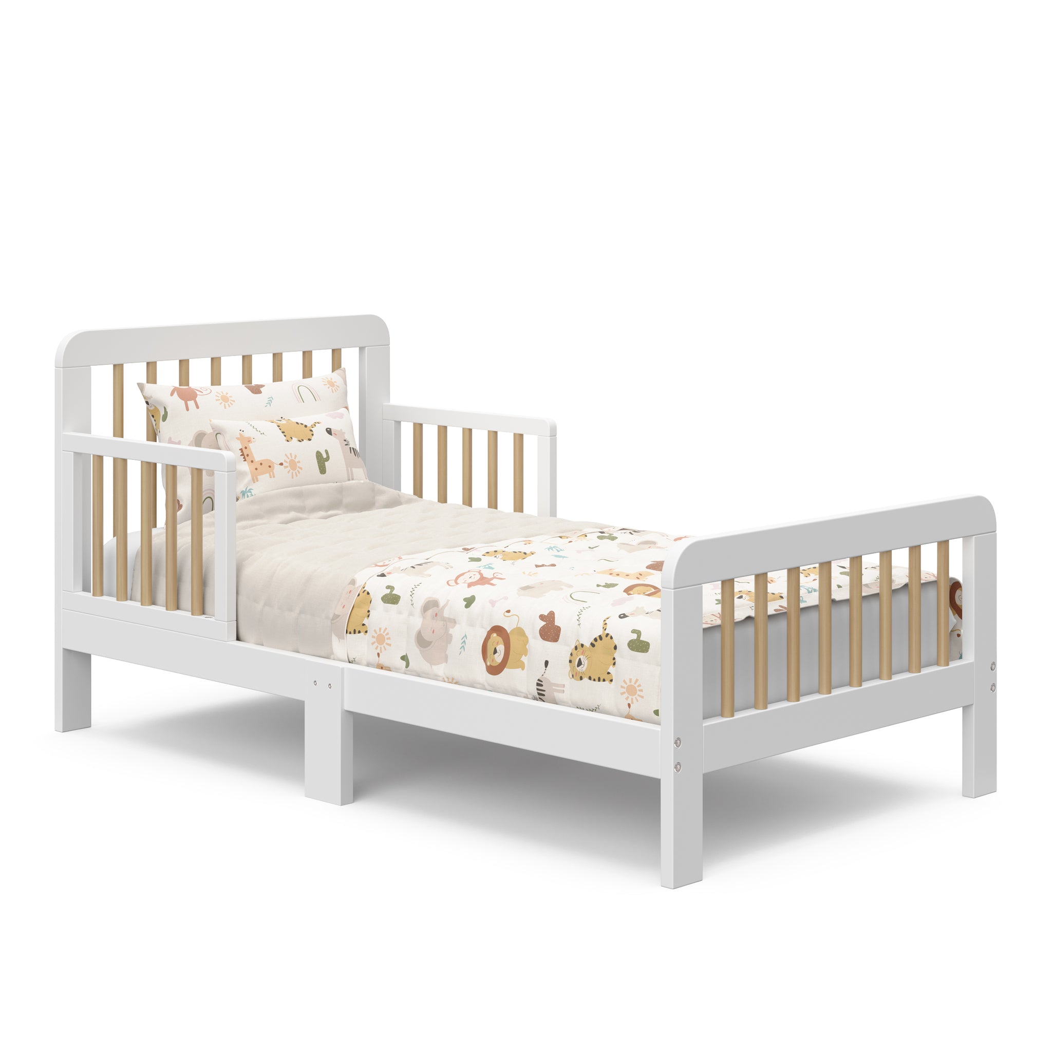 white with driftwood toddler bed with bedding