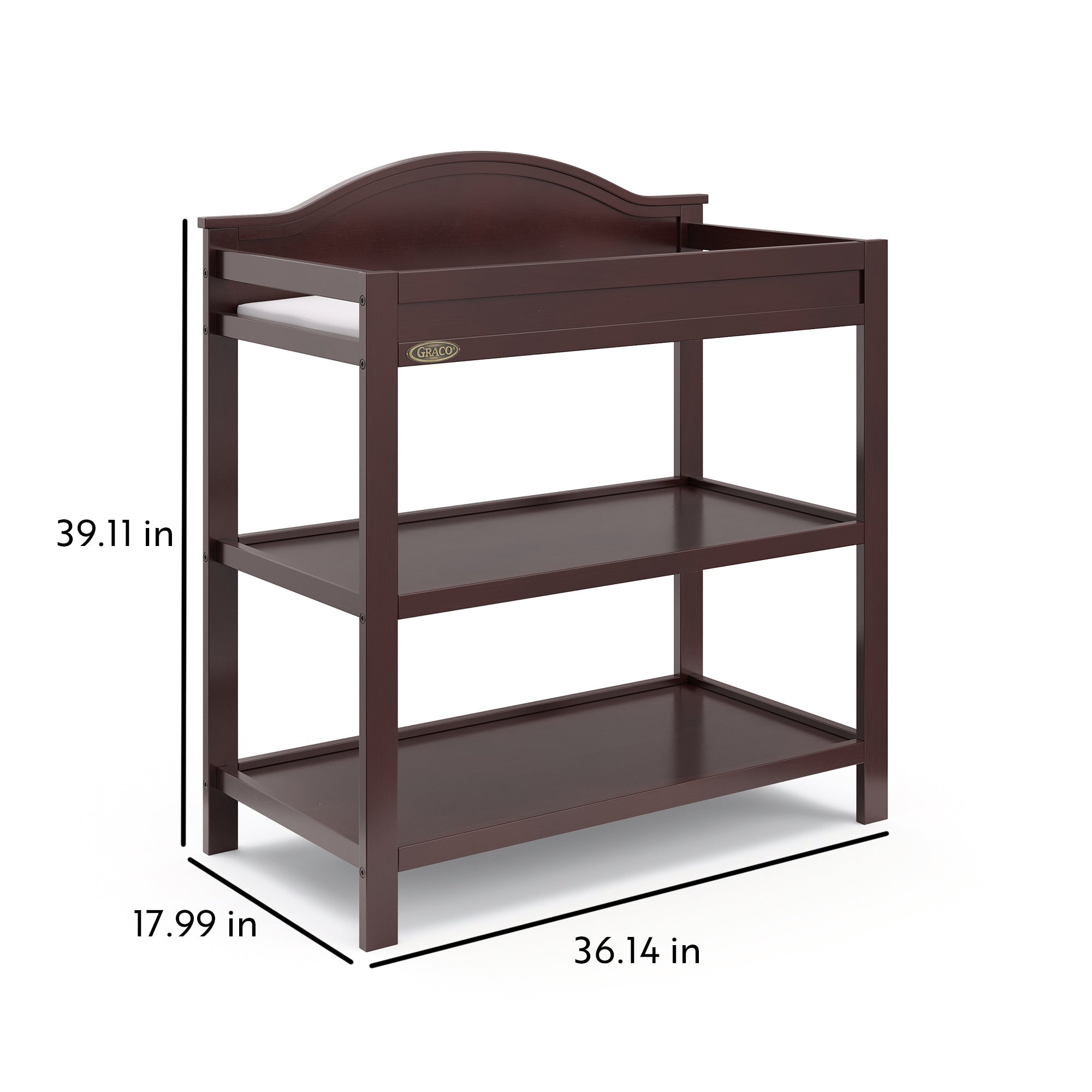 espresso angled changing table with two open shelves and dimensions