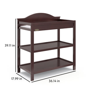espresso angled changing table with two open shelves and dimensions