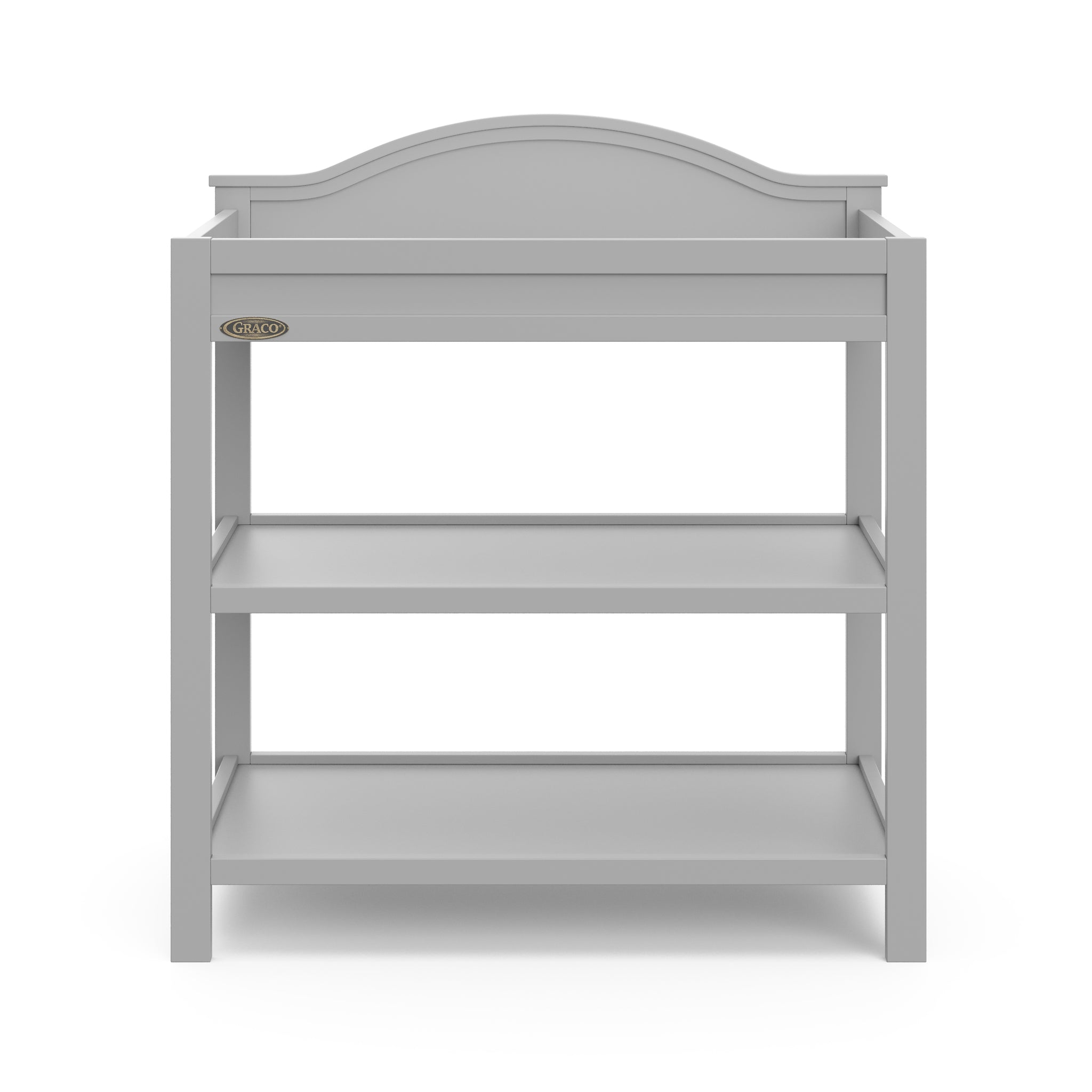 Front view of pebble gray changing table with two open shelves