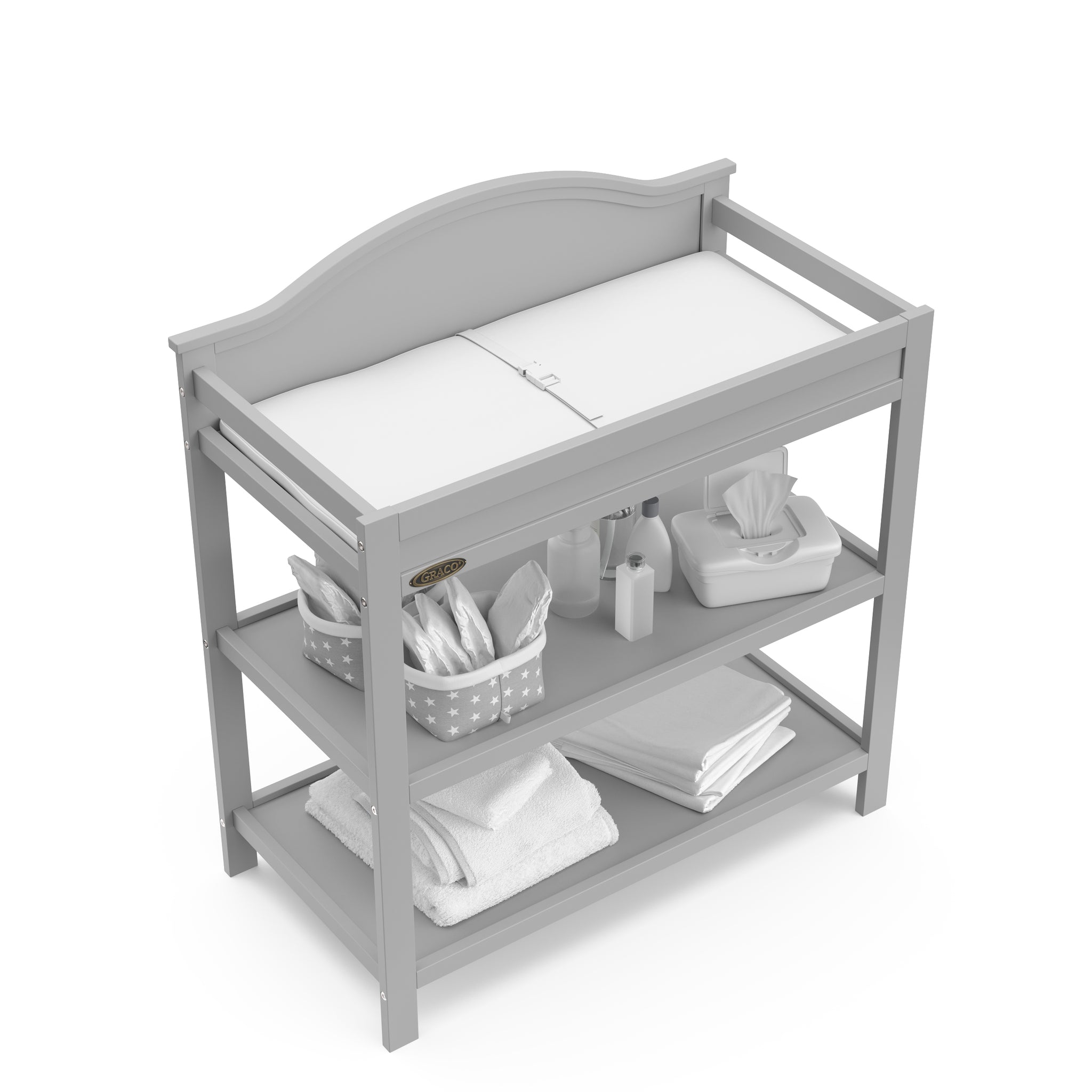 Bird’s-eye view of pebble gray changing table with two open shelves