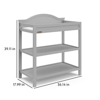 Pebble gray angled changing table with two open shelves with dimensions