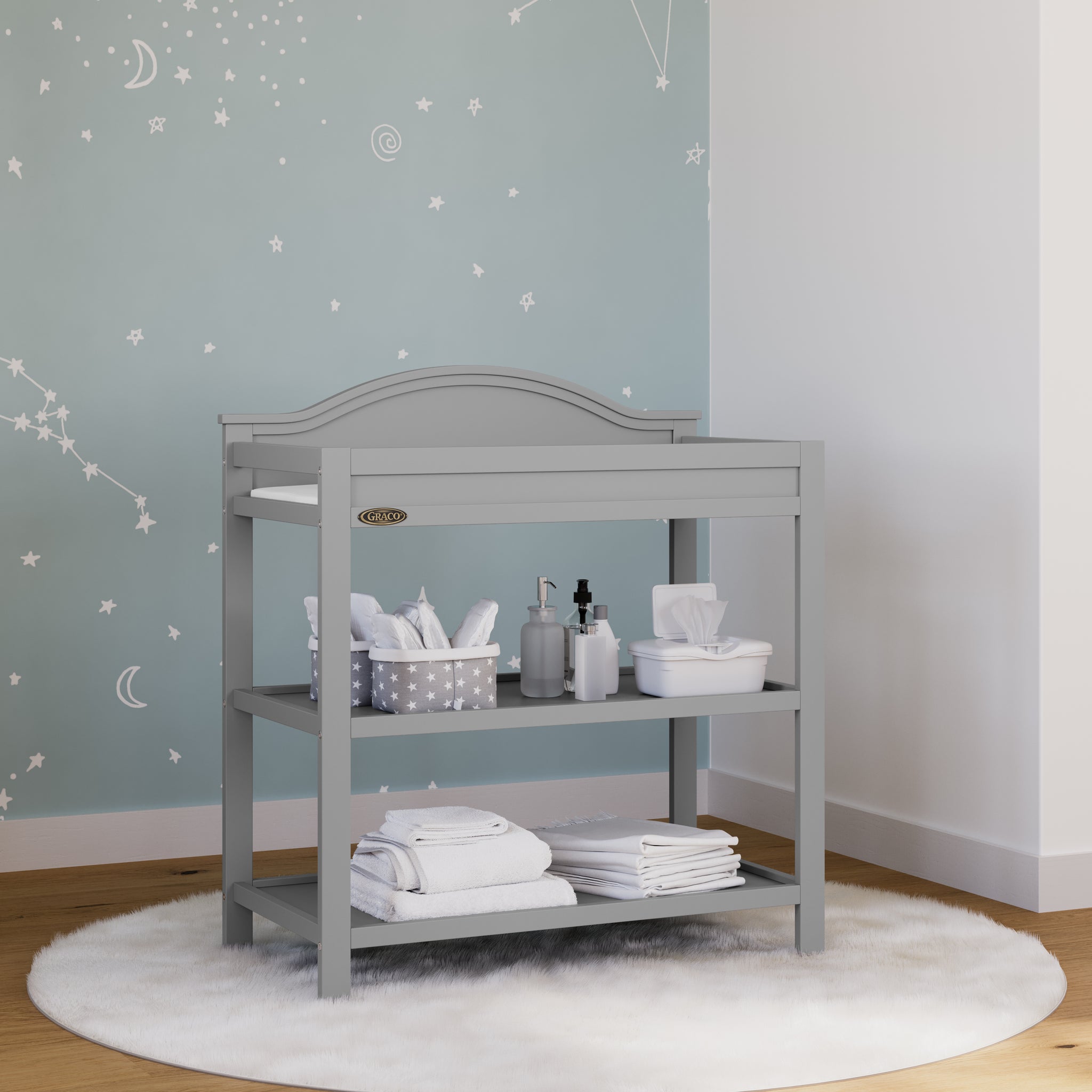 pebble gray changing table in nursery