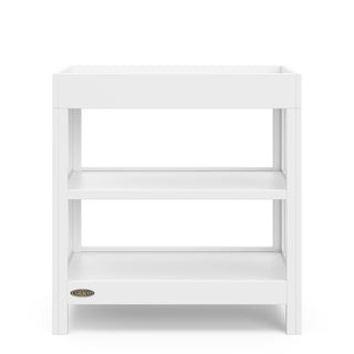 front view white changing table with two shelves