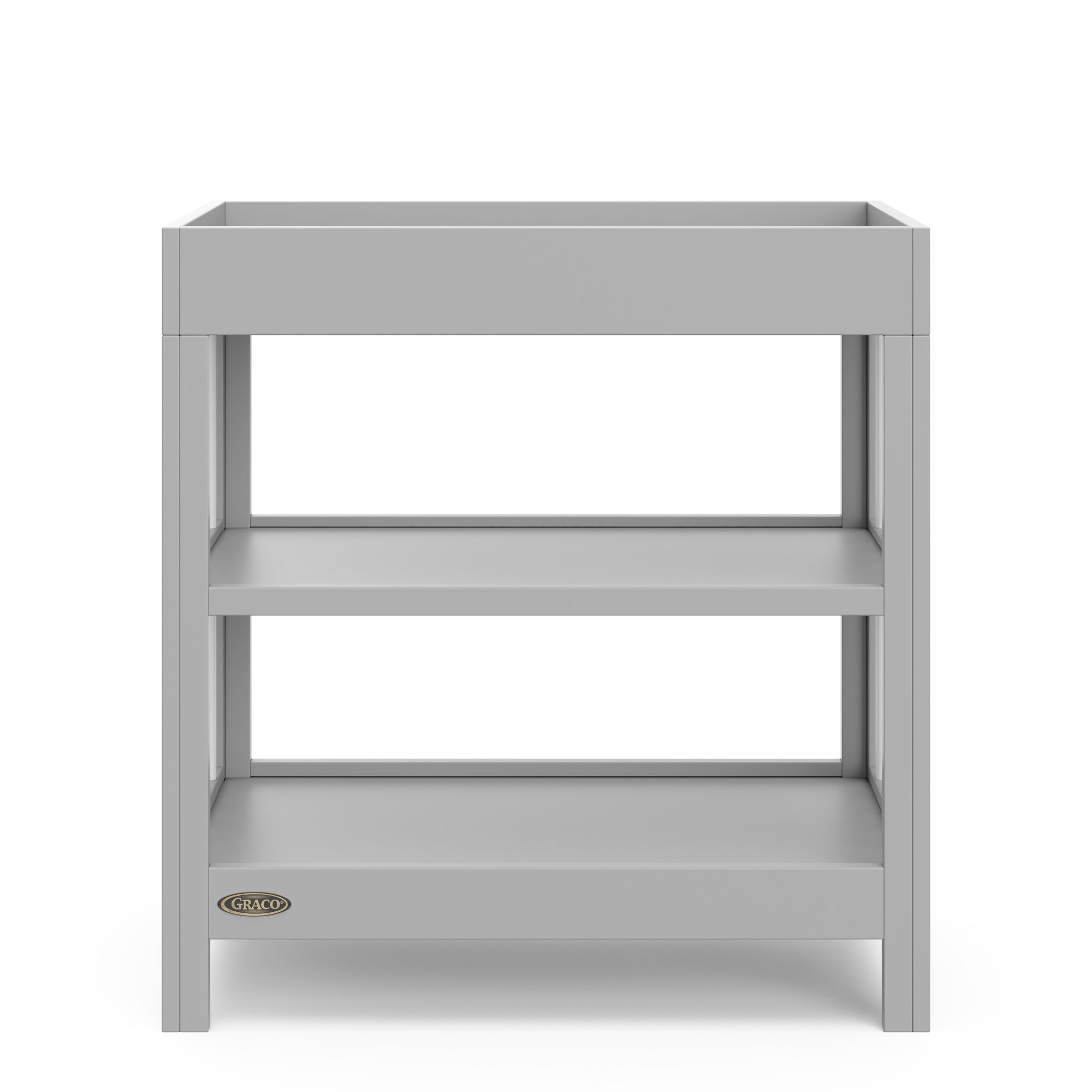 front view of pebble gray with white changing table with two shelves