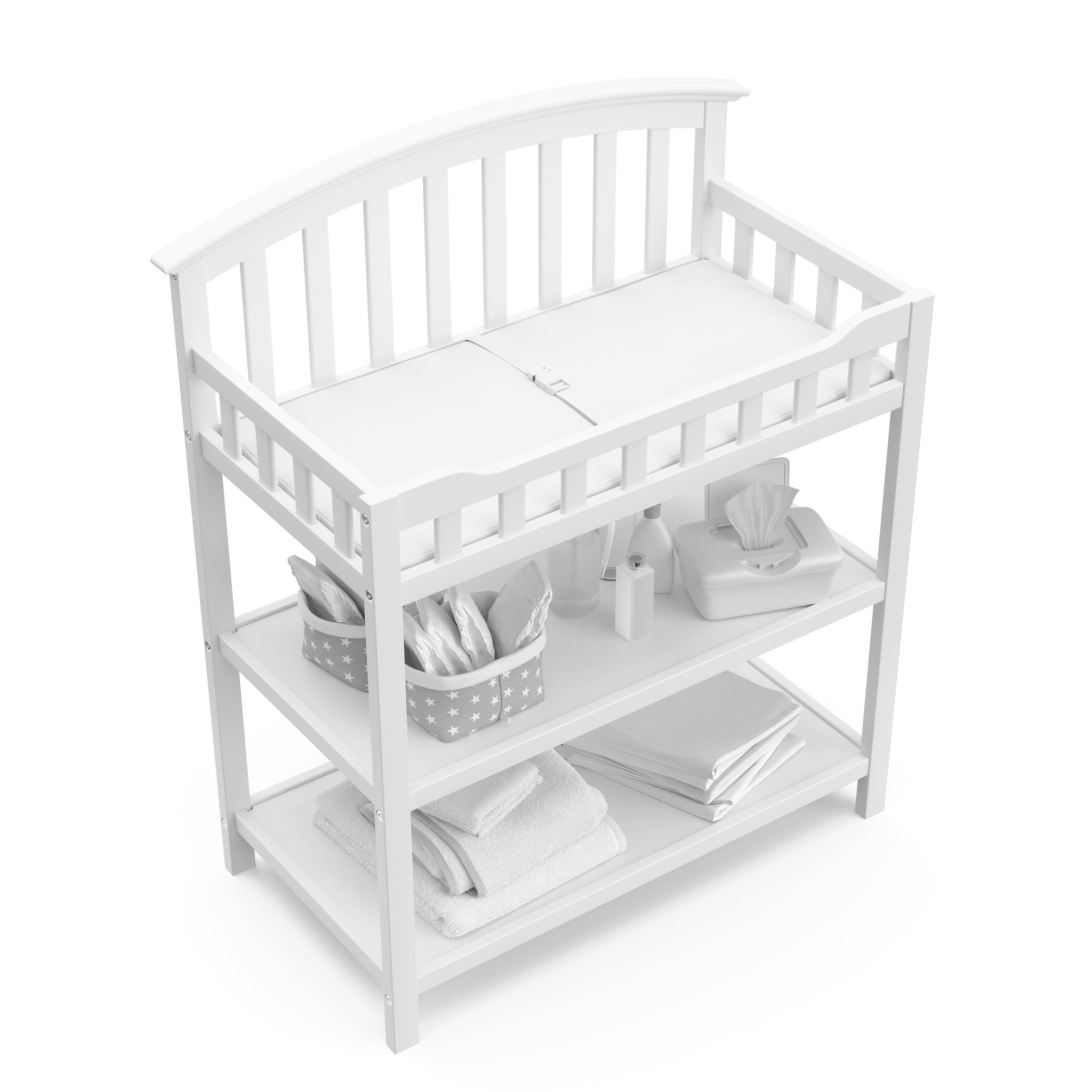 Bird’s-eye view of white changing table with two open shelves