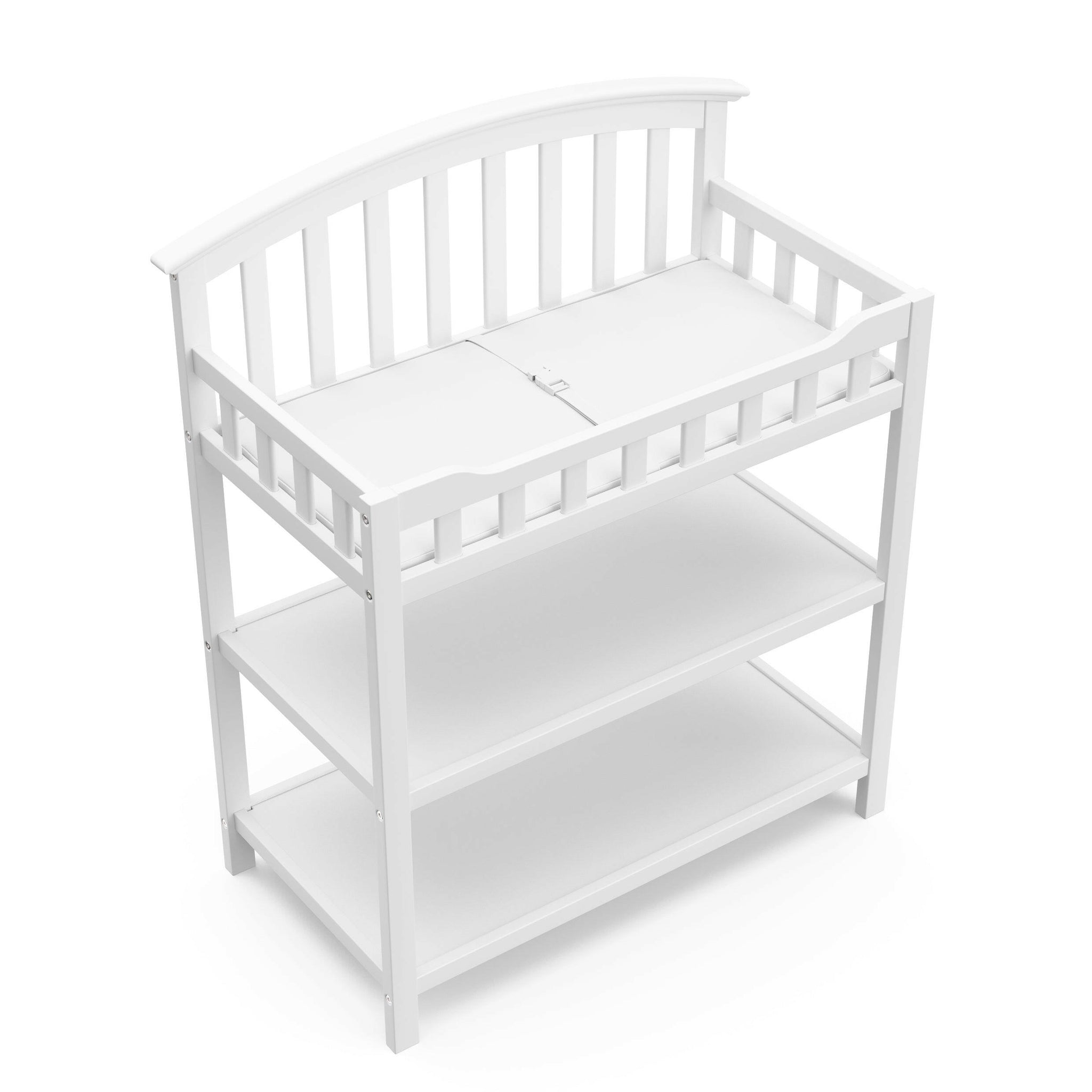 Bird’s-eye view of white changing table with two open shelves