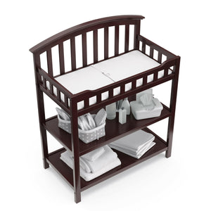 Bird’s-eye view of espresso changing table with two open shelves