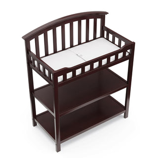 Bird’s-eye view of espresso changing table with two open shelves