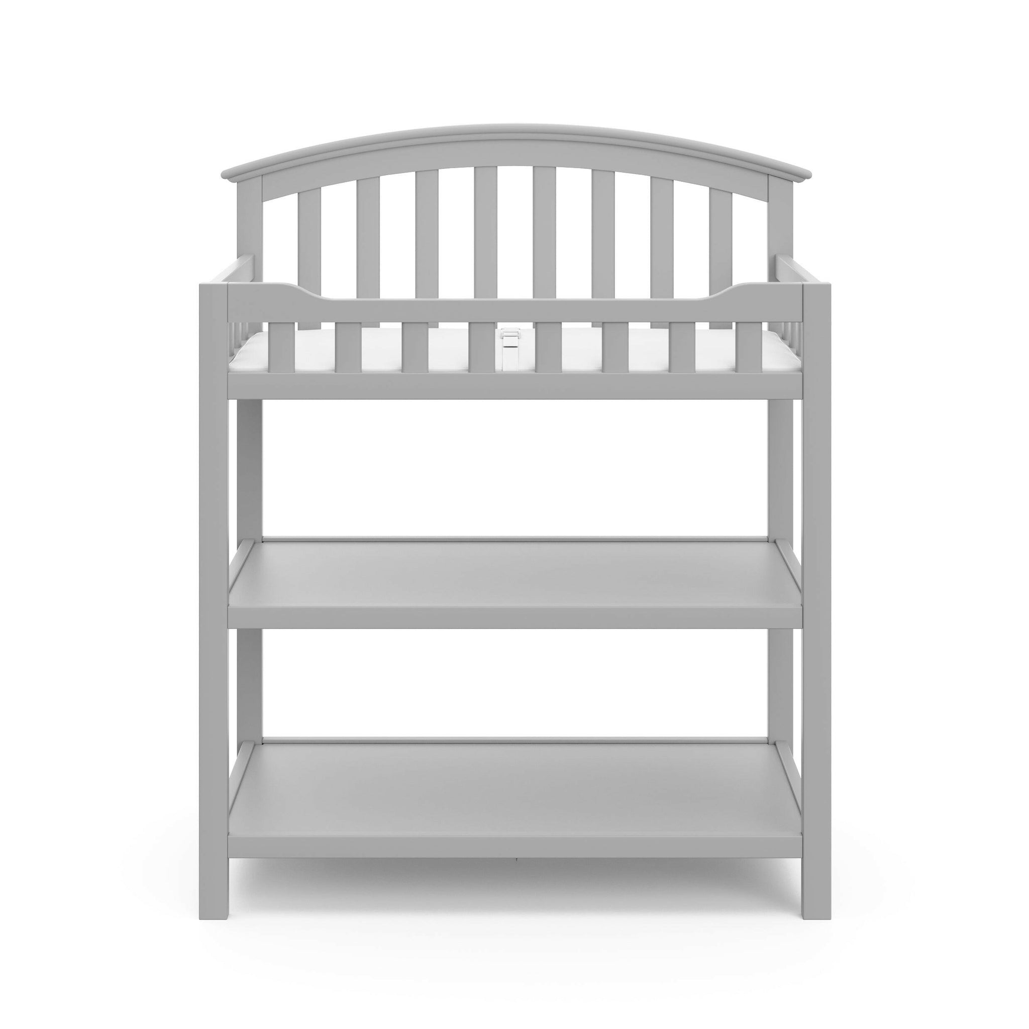 Front view of Pebble gray changing table with two open shelves