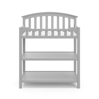 Front view of Pebble gray changing table with two open shelves