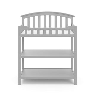 Front view of Pebble gray changing table with two open shelves