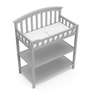 Bird’s-eye view of Pebble gray changing table with two open shelves