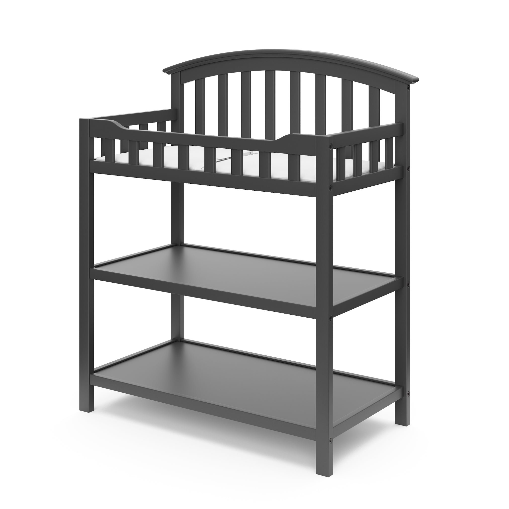 gray angled changing table with two open shelves