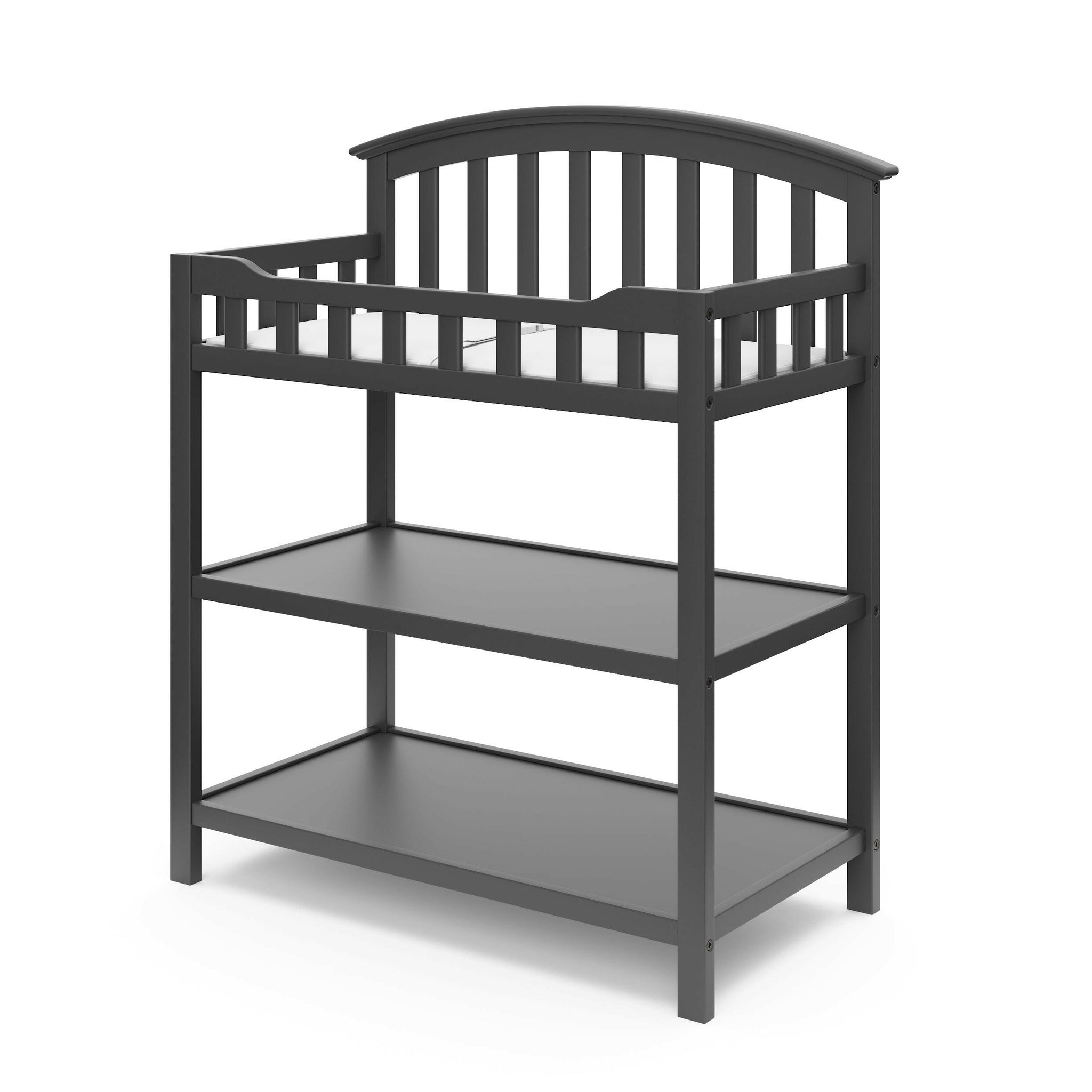 gray angled changing table with two open shelves