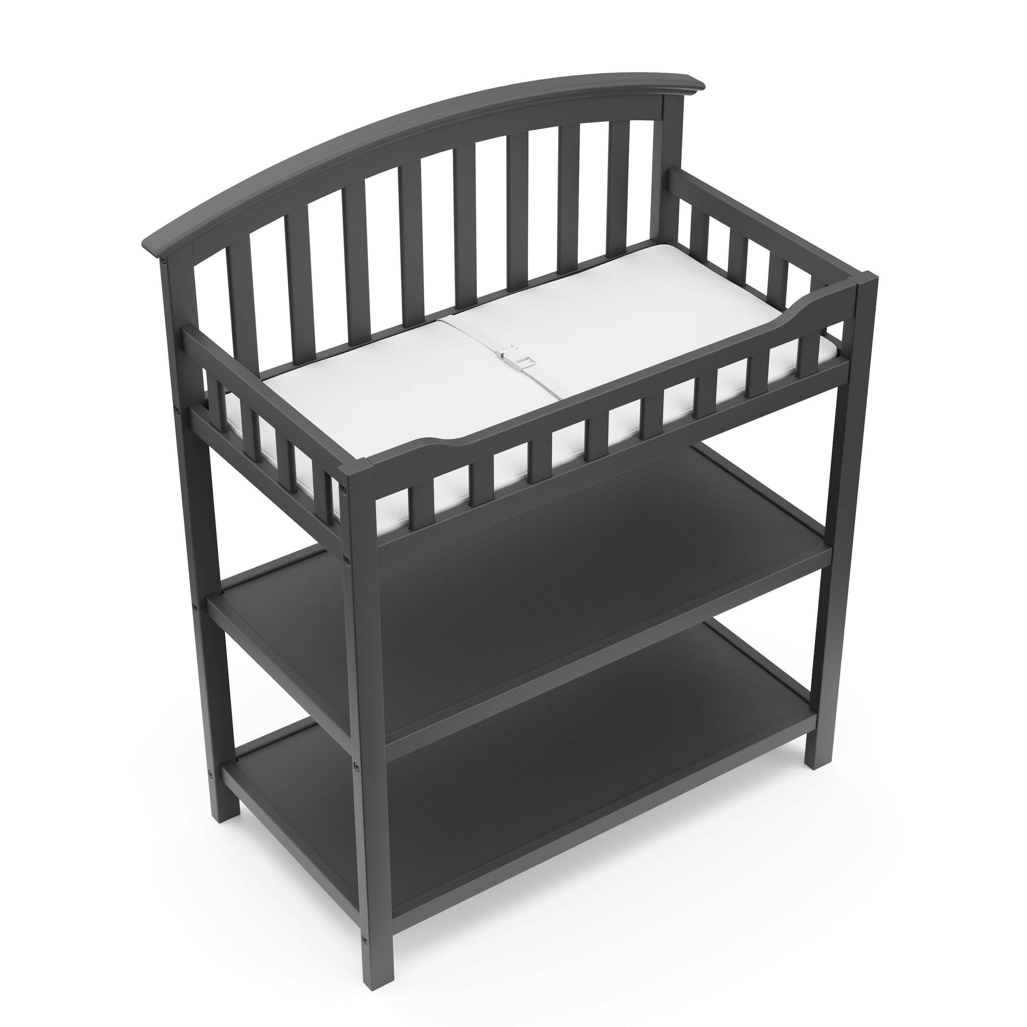 Bird’s-eye view of gray changing table with two open shelves