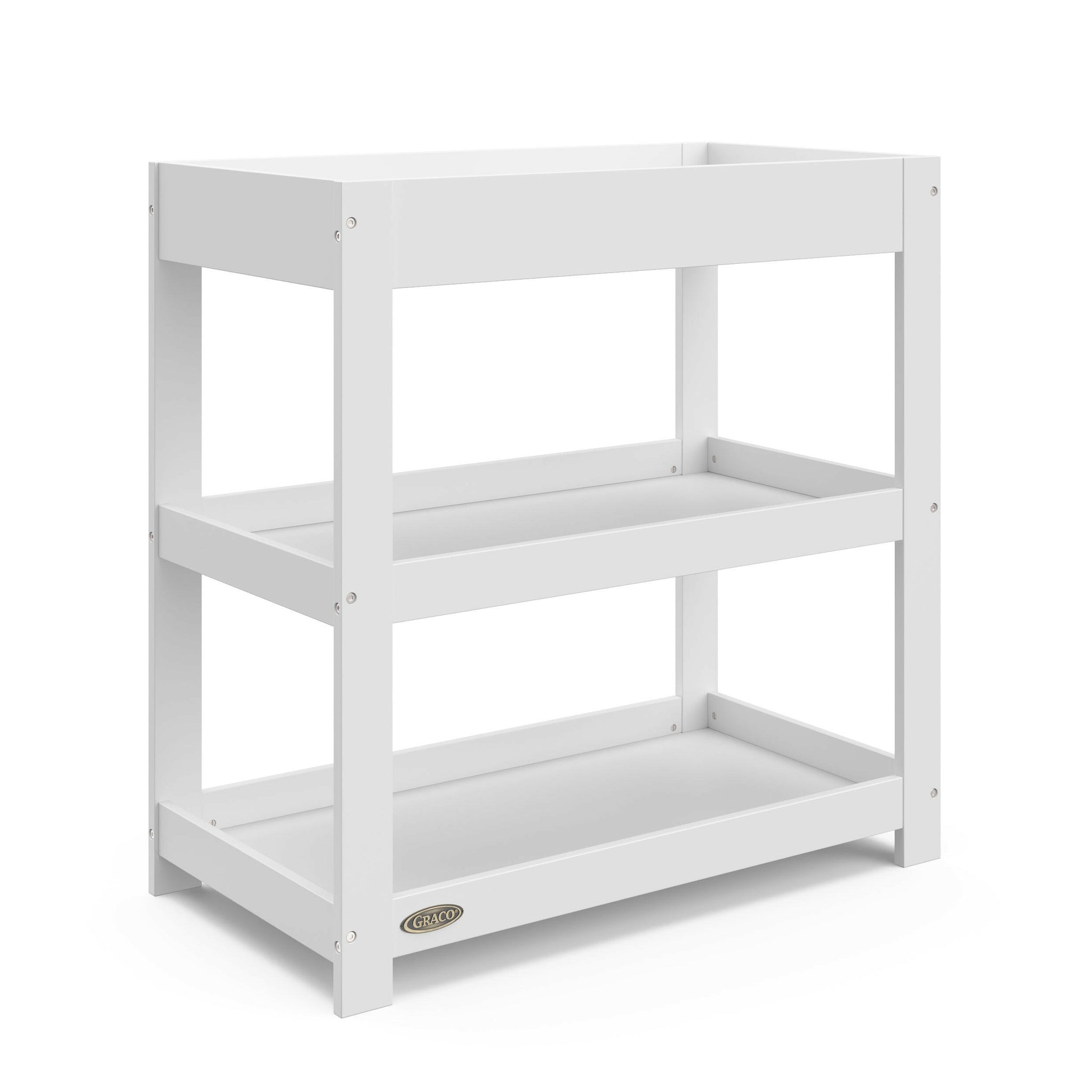 white angled changing table without headboard and two open shelves