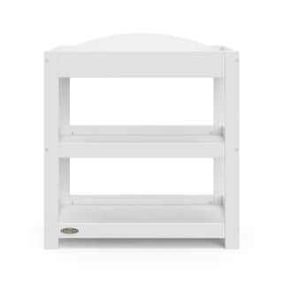 Front view of white changing table with removable headboard and two open shelves