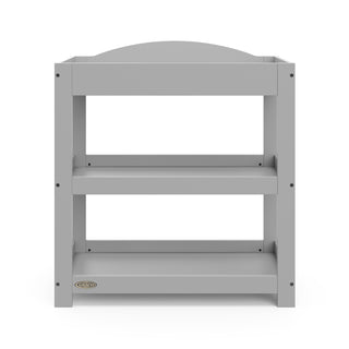 Front view of Pebble gray changing table with removable headboard and two open shelves