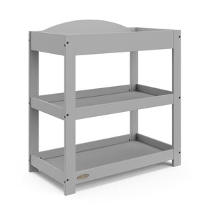 Pebble gray angled changing table with removable headboard and two open shelves