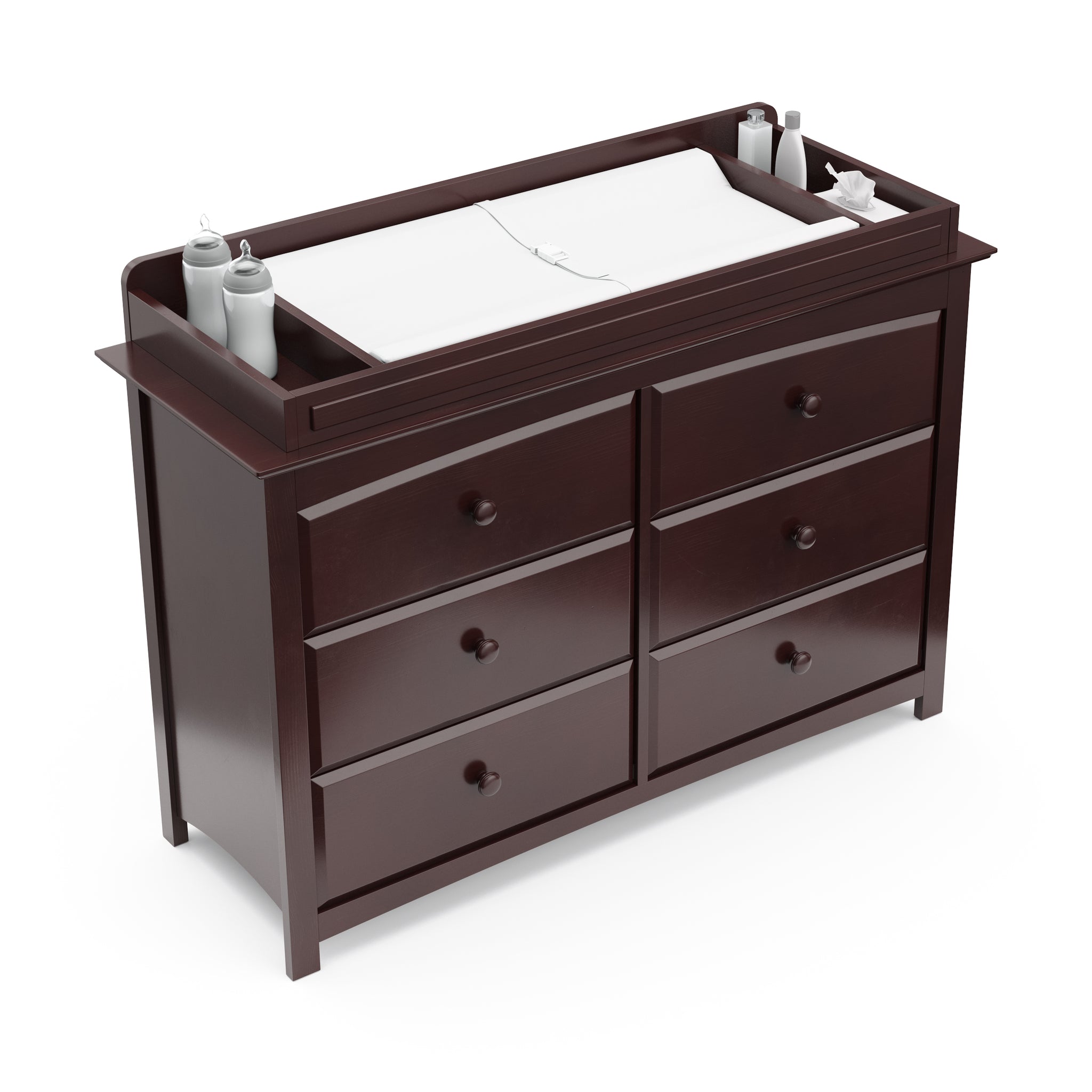 espresso changing topper on top of 6 drawer dresser 