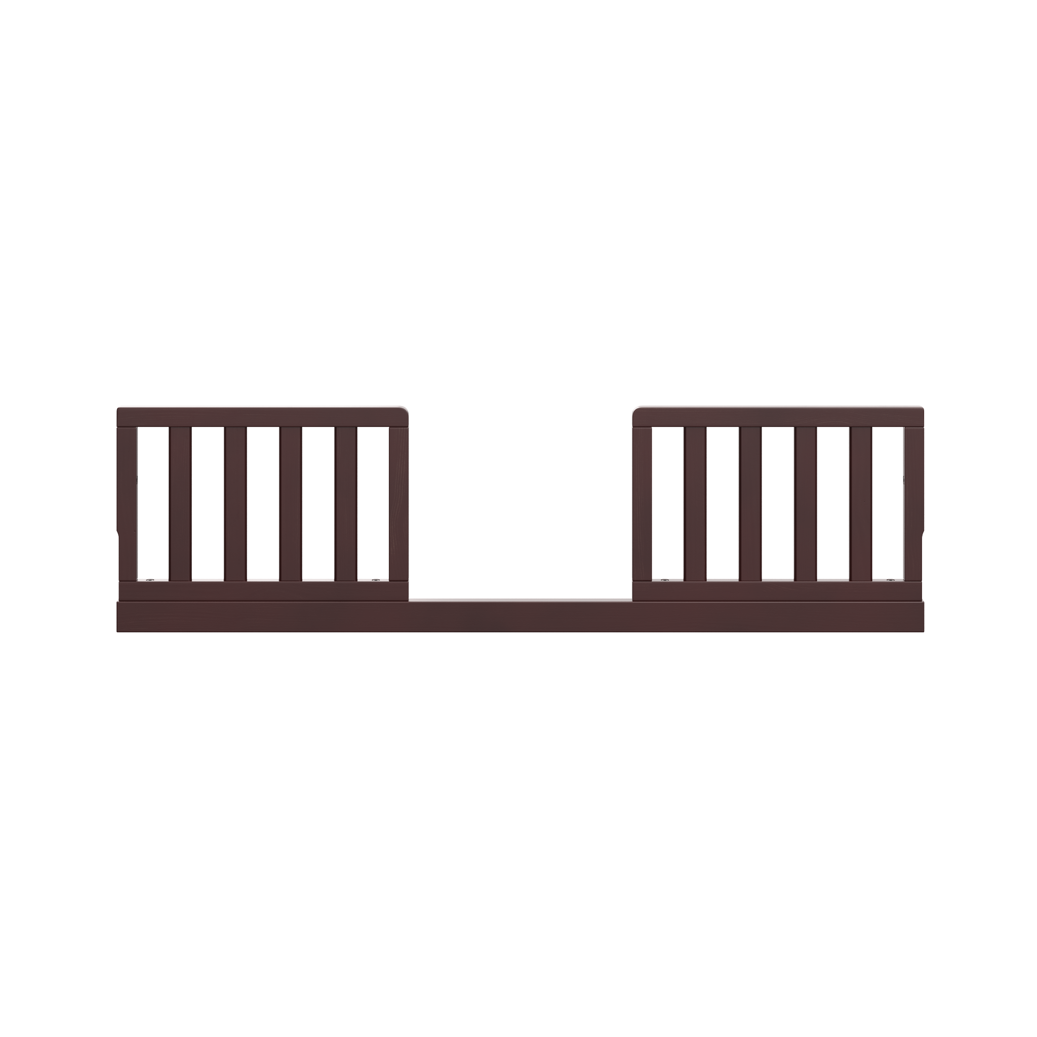 front view of espresso toddler safety guardrail kit with slats