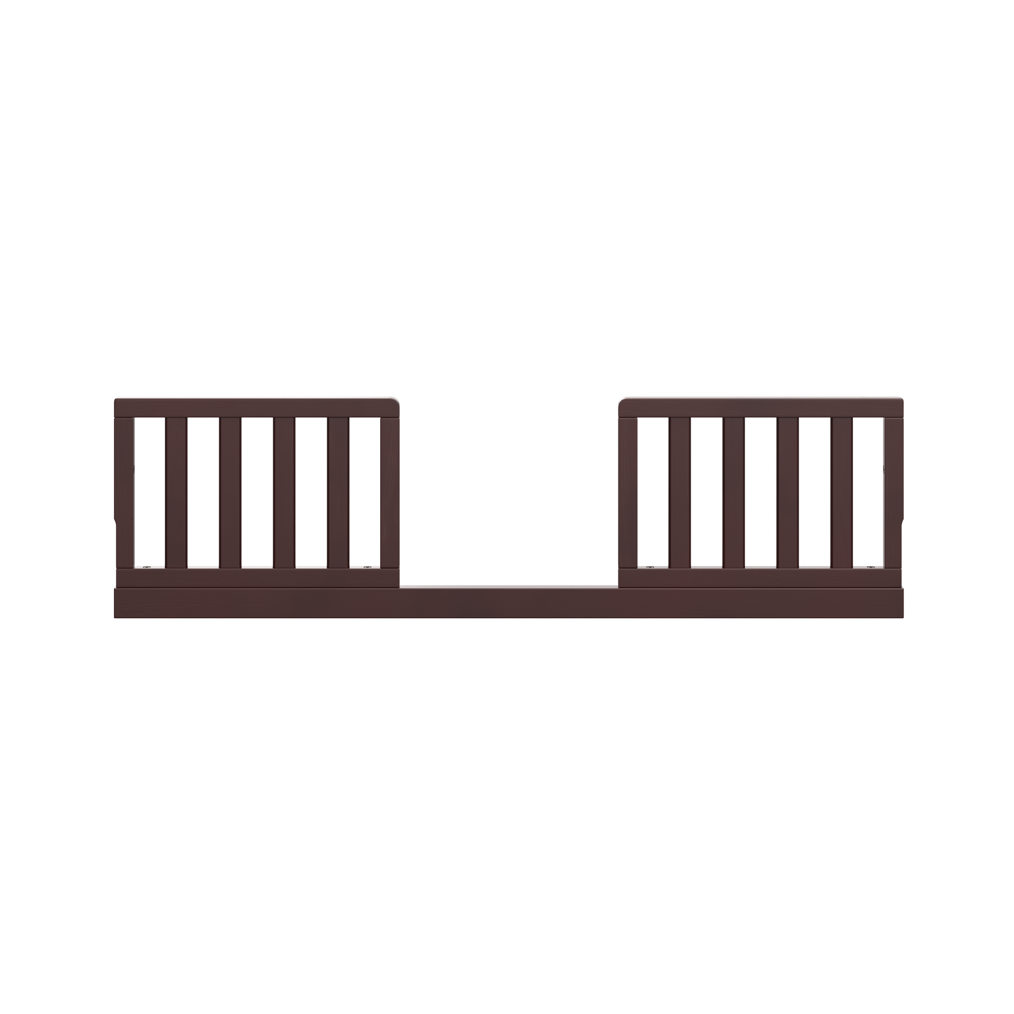 front view of espresso toddler safety guardrail kit with slats