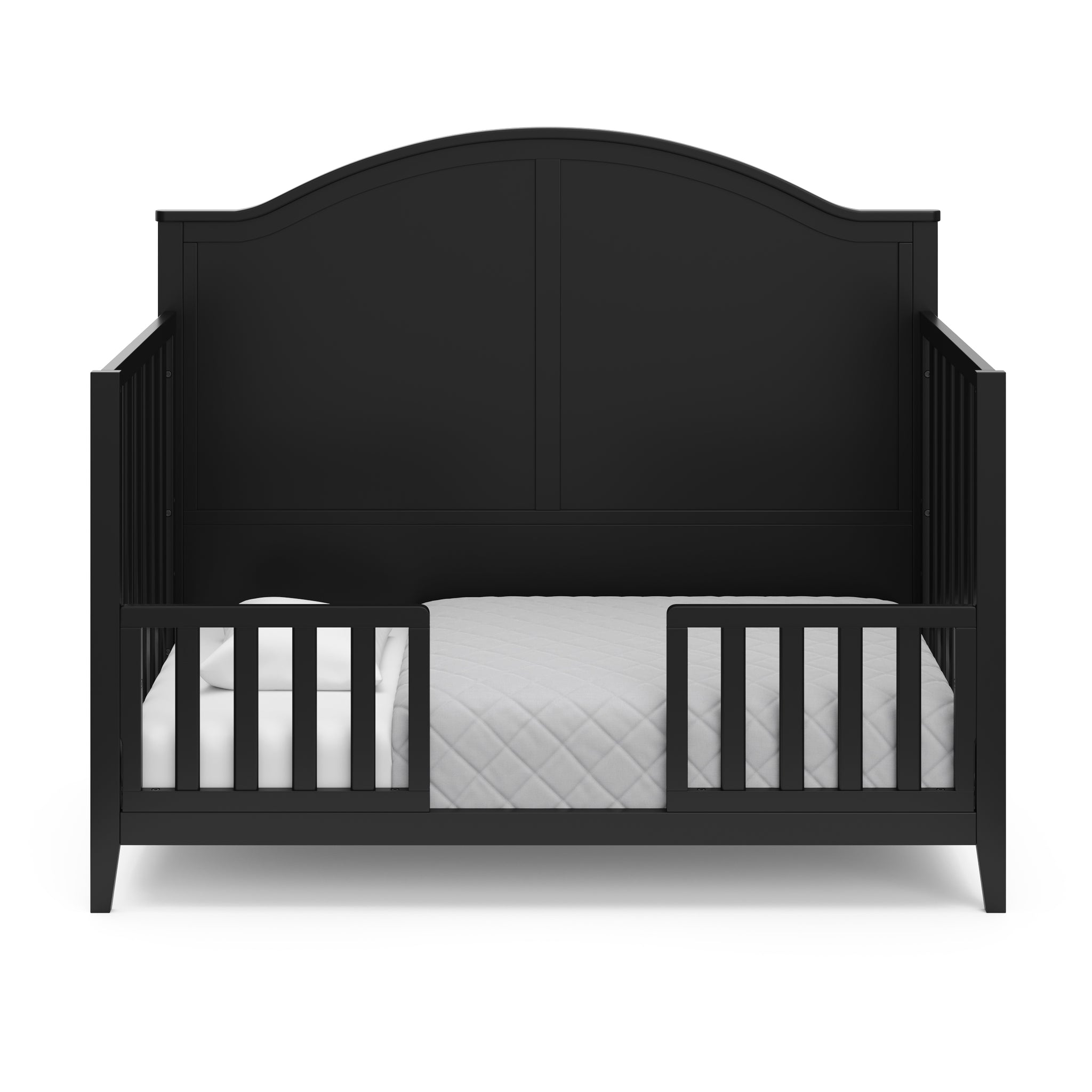 black toddler bed with guardrails