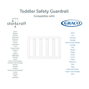 white toddler safety guardrail with slats graphic with compatibility