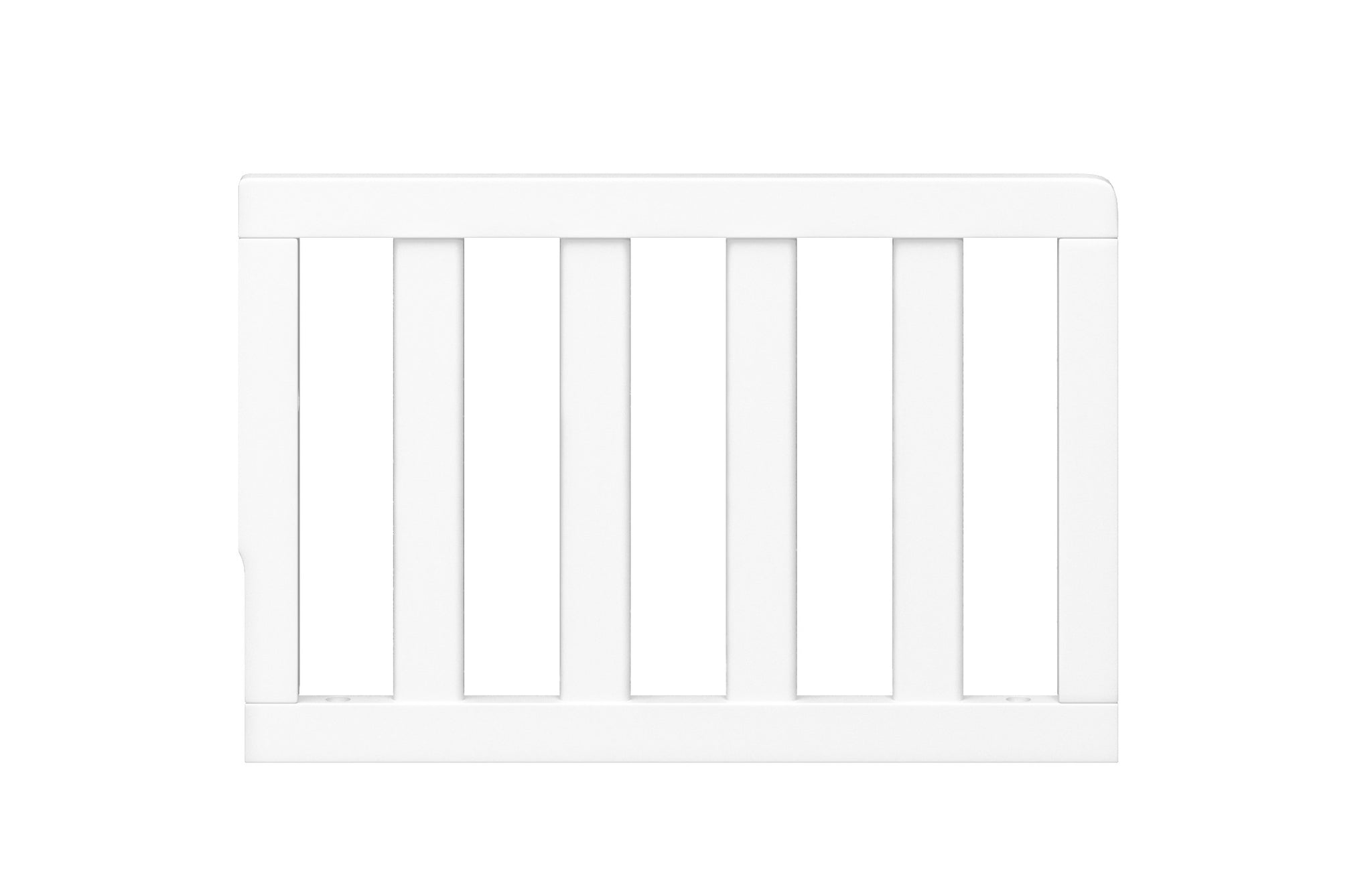 front view of white toddler safety guardrail with slats