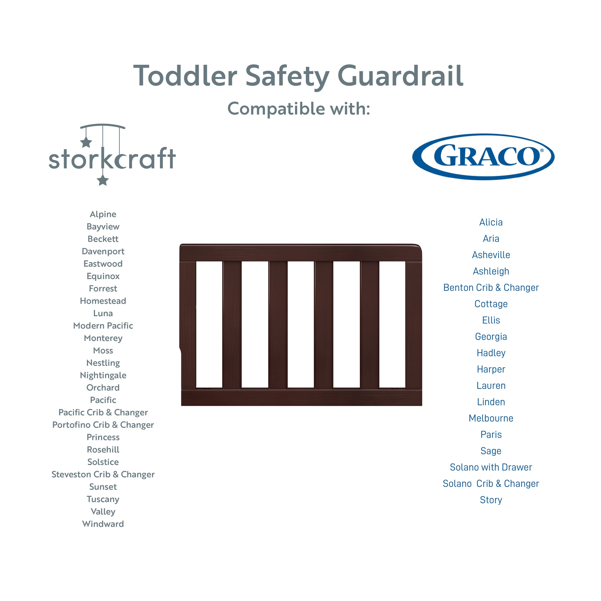 espresso toddler safety guardrail graphic with compatible cribs