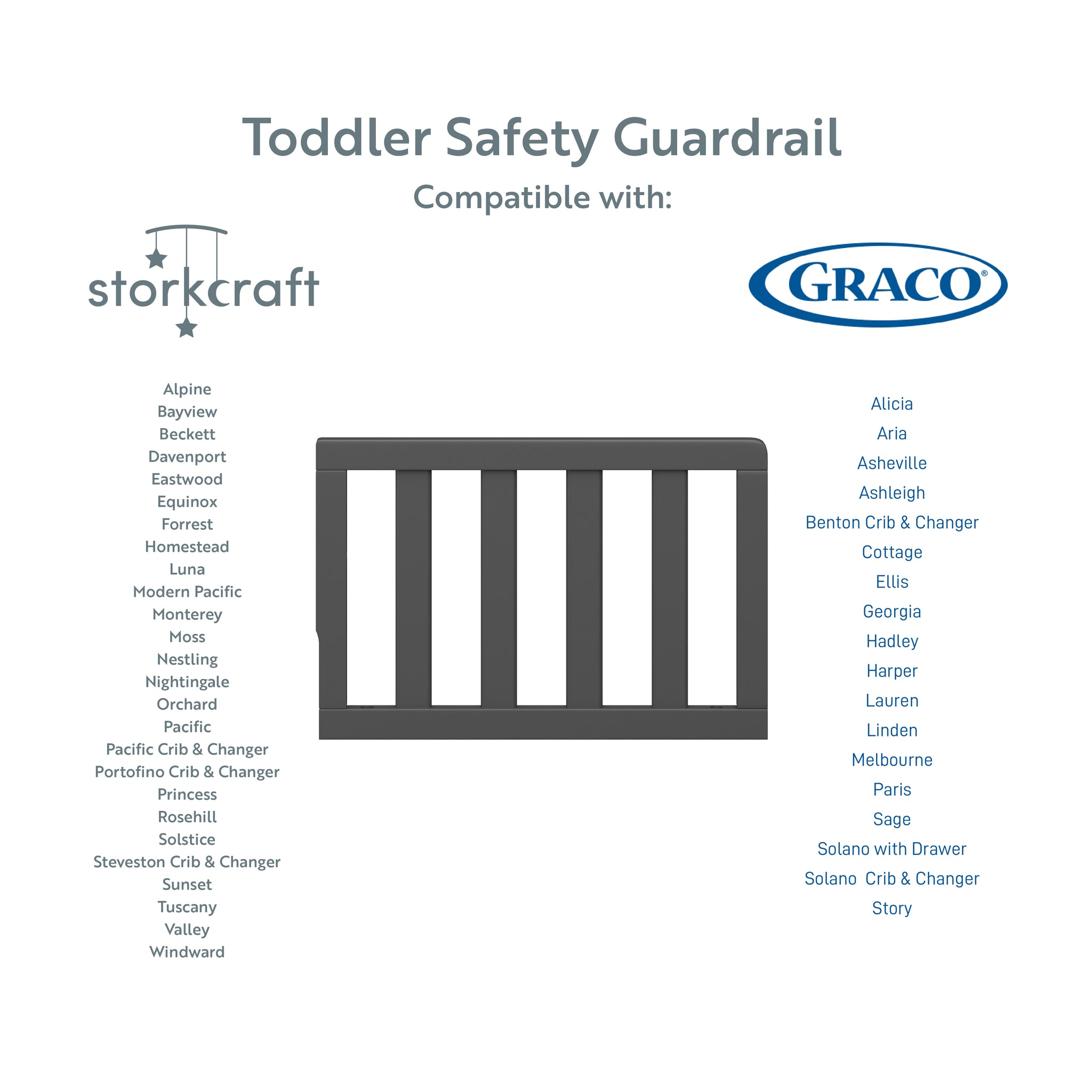gray toddler safety guardrail graphic with cribs compatibility