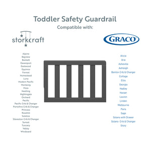 gray toddler safety guardrail graphic with cribs compatibility
