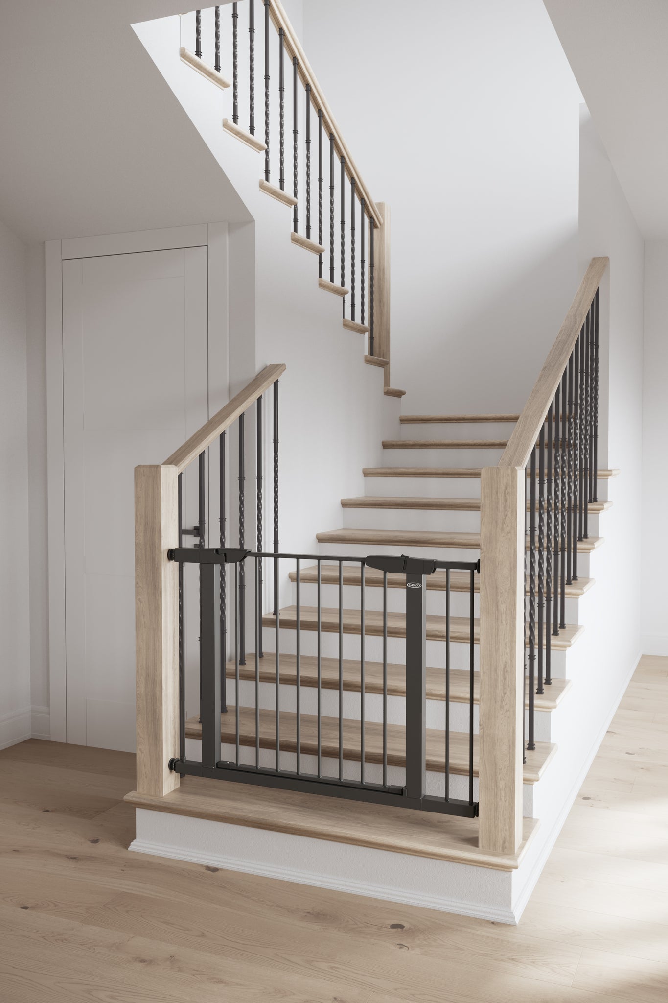 gray safety gate installed in stairs