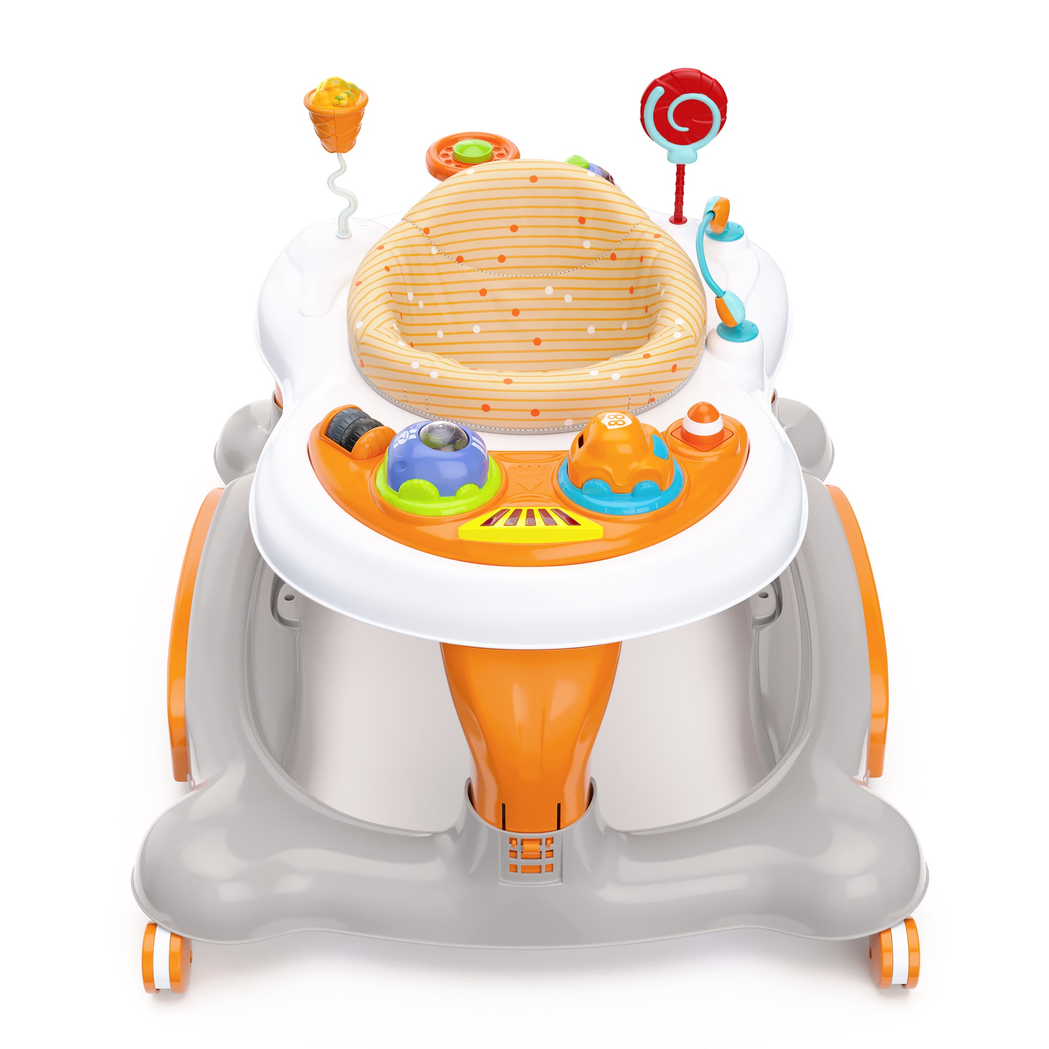 orange Activity Walker with Jumping Board and Feeding Tray