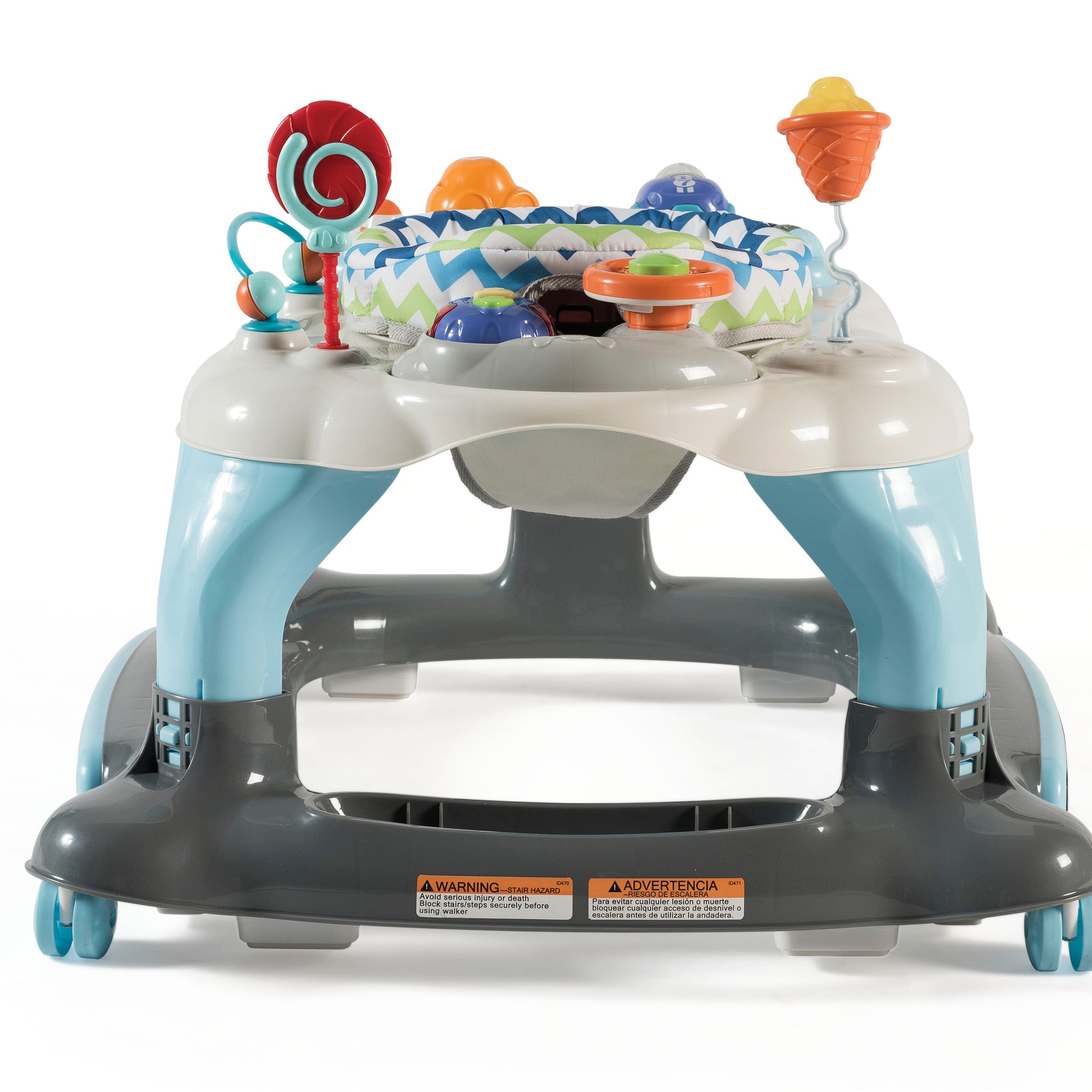 blue Activity Walker with Jumping Board and Feeding Tray